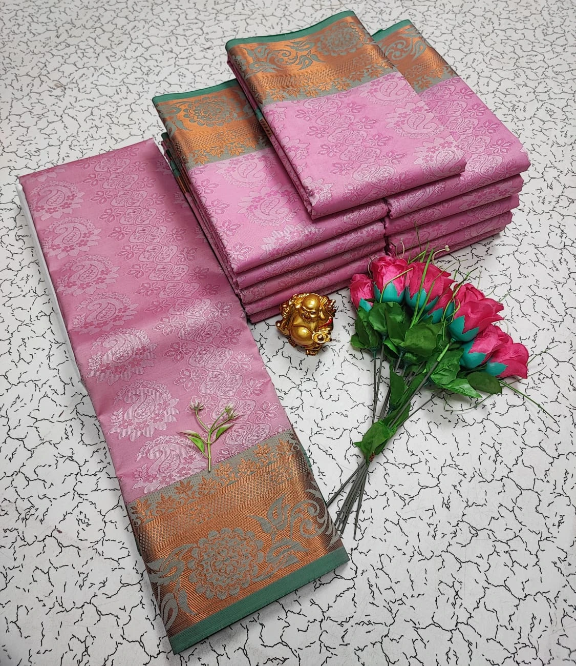 Baby Pink with Sage Green Copper Zari Soft Silk Saree